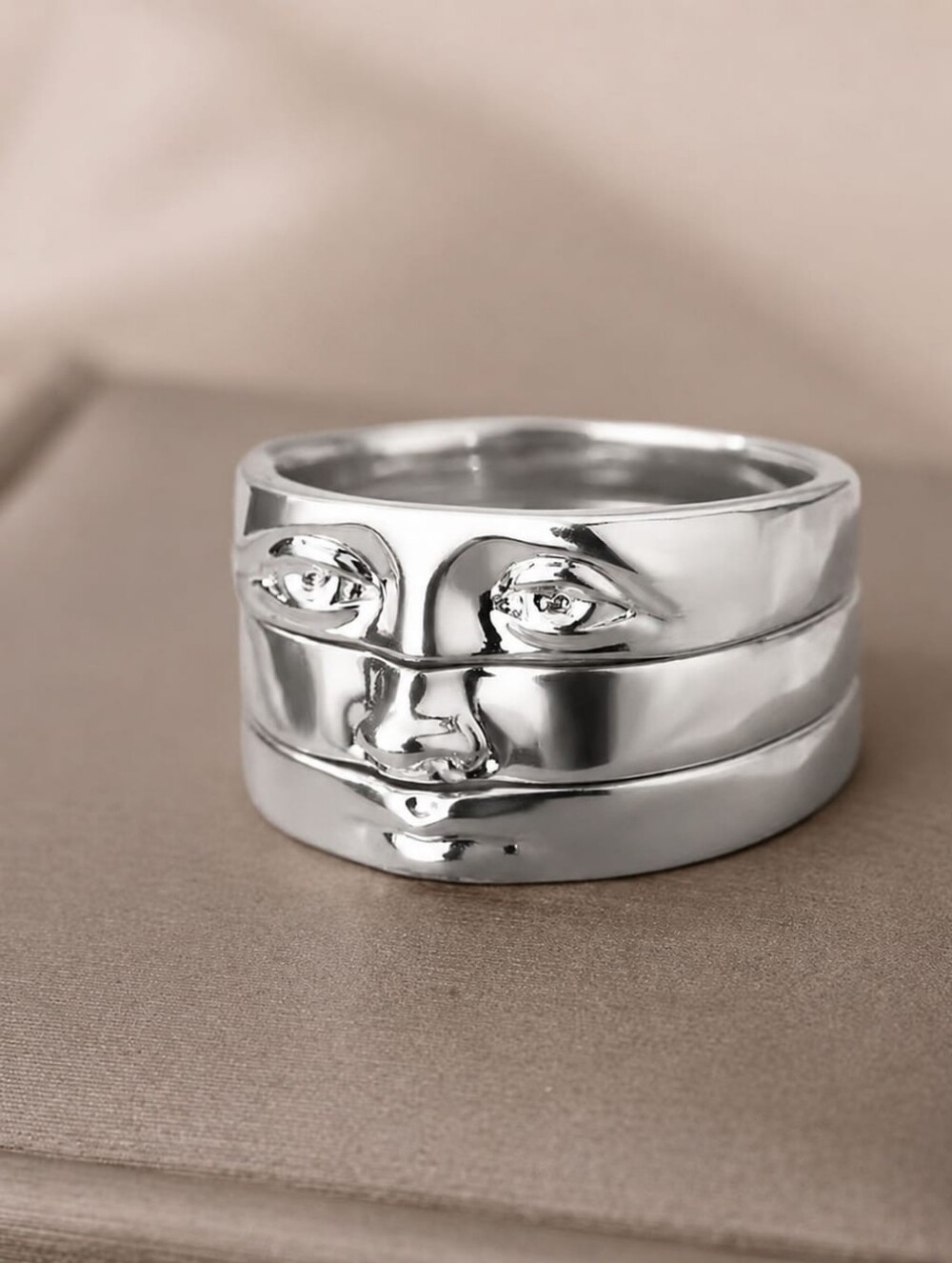 Silver Stacked Face Ring - Picture 1 of 3